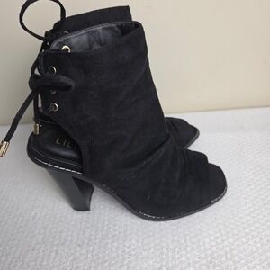 Liliana Black Faux Suede Open Toe Lace Up Back Block Heel Booties Womens 9